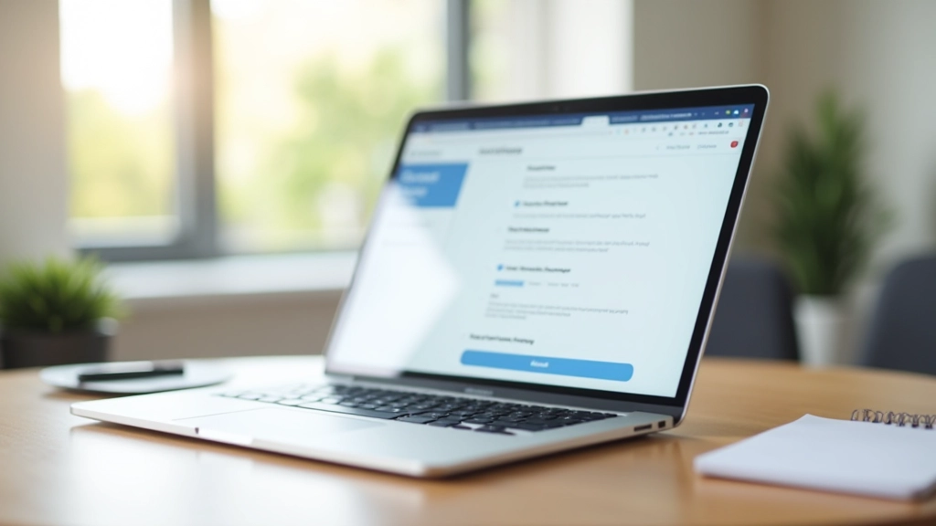Computador portátil com interface de configuração de email numa mesa de trabalho moderna