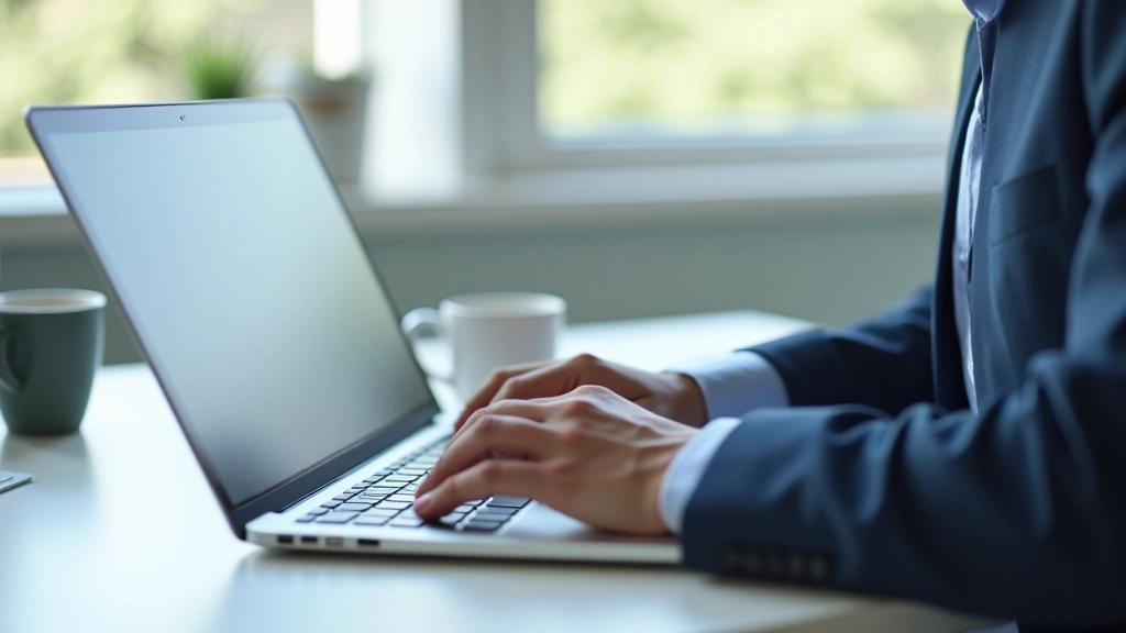 Computador portátil com configurações de email abertas na tela, ambiente de escritório moderno