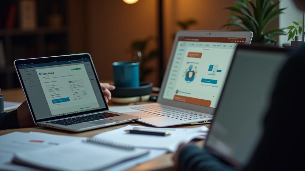 Espaço de trabalho com múltiplos dispositivos e materiais de pesquisa